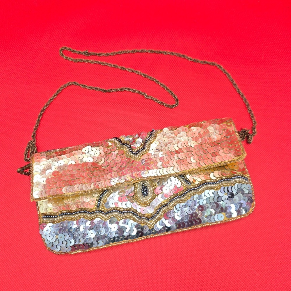 Vintage KC Malhan Gold Blue Silver Full Sequins Chain Strap Cloth Lined India